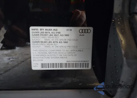 2019 Audi E-Tron Premium Plus z USA, uszkodzony, nr VIN WA1VAAGE4KB006007
